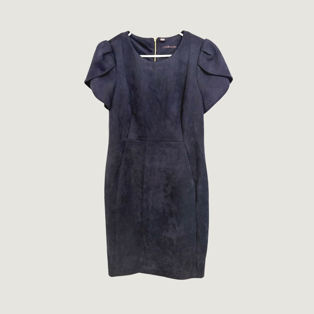 Calvin Klein Navy Blue Faux Suede Tulip Sleeve Sheath Dress Size 12